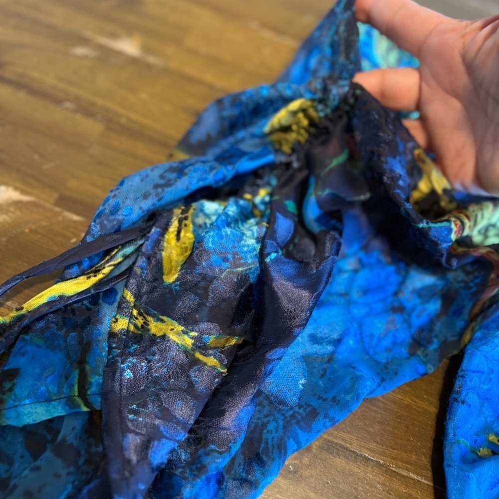 Cache Silk Blend Blouse Blue Gold Marble Ruffle Whimsical Flowy Boho Celestial S - Picture 5 of 8